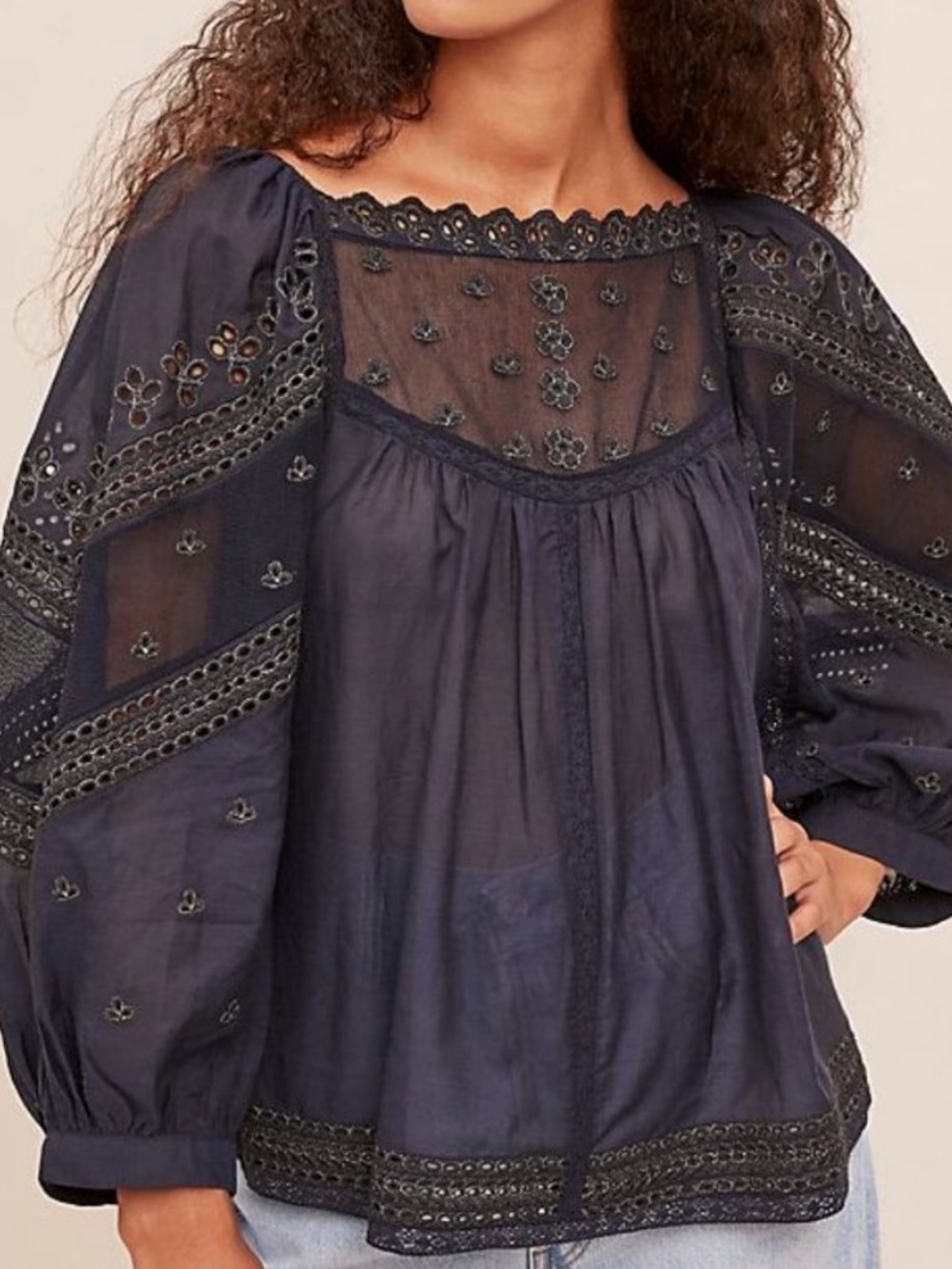 Anthropologie Jaslyn Embroidered Lace Blouse Navy Size Small
